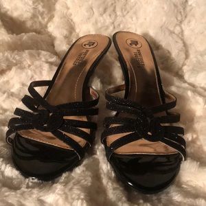 Black open toe black sparkle kitten heel